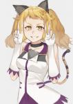 accessory animal_humanoid blonde_hair blush breasts cinko clothed clothing double_v_sign female fingerless_gloves gesture gloves hair hair_accessory hairclip hand_gesture handwear hi_res humanoid looking_at_viewer smile solo teeth v_sign yellow_eyes