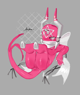 3_eyes 5_fingers antennae_(anatomy) breasts clothing facial_markings female fingers forehead_markings genitals grey_eyes head_markings hooves long_sleeves lying machine markings multi_eye nipples on_back pink_body pink_tail robe solo tail vulva white_clothing alretta rain_world videocult fan_character strawberry_milk_(alretta) humanoid iterator_(rain_world) robot robot_humanoid hi_res