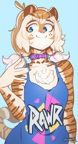 anthro blue_eyes choker colored_nails female freckles jewelry nails necklace pigtails slim solo stripes luxar92 pancake_(luxar92) felid mammal pantherine tiger digital_media_(artwork) hi_res
