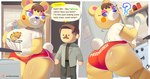 anthro big_butt biped bottomwear breasts brown_hair butt clothed clothing cooking dialogue duo eyelashes facial_hair female hair looking_back male mustache pupils purple_eyes shirt shorts speech_bubble text thick_thighs topwear white_clothing yellow_body aerth animal_crossing nintendo tammy_(animal_crossing) bear mammal english_text hi_res