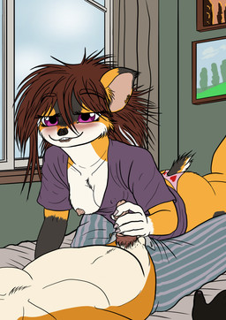 anthro big_breasts breasts brown_hair clothed clothing duo erection exposed_breasts female fur genitals hair handjob long_hair lying male male/female masturbation nipples nude penile penis sex simple_background smile tail topwear white_body white_fur yellow_body yellow_fur conditional_dnp zaiksmckraven jessy_mckraven zaiks_mckraven eulipotyphlan hedgehog mammal absurd_res hi_res brother_(lore) brother_and_sister_(lore) incest_(lore) sibling_(lore) sister_(lore)