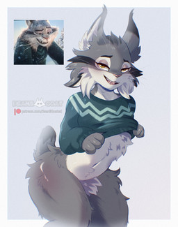 anthro bottomless clothed clothing clothing_lift ear_tuft featureless_crotch femboy fluffy grey_body looking_at_viewer male screencap solo sweater text topwear tuft whiskers beanii disney patreon zootopia pawbert_lynxley canada_lynx felid feline lynx mammal absurd_res hi_res url watermark