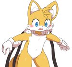 anthro blue_eyes blush bodily_fluids clothing fur gloves handwear male monotone_clothing monotone_gloves monotone_handwear open_mouth sweat white_body white_clothing white_fur white_gloves white_handwear sum sega sonic_the_hedgehog_(series) miles_prower canid canine fox mammal 2023 hi_res