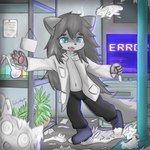 anthro blue_eyes bodily_fluids clothing coat fur grey_body hair lab_coat laboratory latex long_hair male navel open_mouth slime sticky stuck topwear lonelywolfyboi lonelywolfyboi_(character) canid canine canis goo_creature mammal wolf 1:1 absurd_res digital_media_(artwork) hi_res shaded