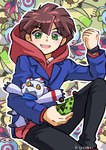 anthro blush brown_hair clothing digivice green_eyes group hair hoodie male smile topwear rui86ryuzaki bandai_namco digimon digimon_ghost_game hiro_amanokawa angoramon digimon_(species) gammamon human jellymon mammal