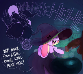 anthro balls big_breasts big_butt big_penis black_eyes black_nose bottomless breasts broom broom_riding buckteeth butt cauldron cleaning_tool cleavage clothed clothed_anthro clothed_female clothing dark_body dark_skin dialogue ears_down eyelashes female female_anthro fur genitals hat head_tuft headgear headwear holidays huge_butt humanoid_genitalia humanoid_penis laugh long_ears magic_user male male/female narrowed_eyes open_mouth open_smile partially_clothed penile penis pink_inner_ear pink_tongue pivoted_ears purple_body purple_fur question question_mark shortstack shortstack_female smile solo speech_bubble standing teeth text thick_thighs tongue tuft wide_hips witch witch_costume witch_hat yes-no_question ota_(artist) halloween beth_bunny_(ota) lagomorph leporid mammal rabbit 2023 artist_name digital_media_(artwork) english_text hi_res signature