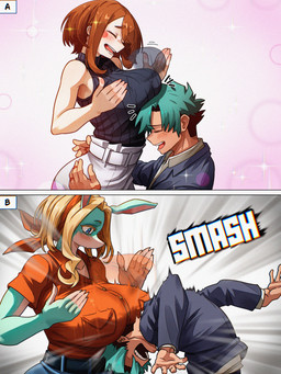 big_breasts blonde_hair boob_hat breast_drop breasts brown_hair clothed clothing female fully_clothed green_hair group hair huge_breasts larger_female laugh long_ears male male/female size_difference smaller_male smile trio vlizz my_hero_academia ippan_josei izuku_midoriya ochaco_uraraka animal_humanoid canid canid_humanoid canine canine_humanoid fox fox_humanoid human humanoid mammal mammal_humanoid quirked_human_(my_hero_academia) 3:4 absurd_res hi_res