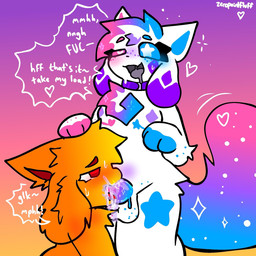 anthro balls belly_blush blue_blush blue_body blue_eyebrows blue_freckles blue_fur blue_hair blue_inner_ear blue_penis blush bodily_fluids body_blush breasts chest_tuft collar crystal cum cum_in_mouth cum_inside cum_while_penetrated dialogue diamond_(marking) dirty_talk dominant dominant_gynomorph dominant_intersex drinking drinking_cum drooling duo ejaculation encouragement eyebrows eyelashes fellatio flat_chested fluffy fluffy_chest fluffy_ears fluffy_tail freckled_arms freckled_balls freckled_face freckles fur fur_markings genital_fluids genitals gradient_background gradient_body gradient_fur gradient_hair gradient_penis gradient_tail grey_tongue gynomorph gynomorph/male hair headpat heart_(marking) heart_eyes heart_symbol hearts_around_head heterochromia intersex intersex/male male markings mastectomy_scar moan motion_lines nipples onomatopoeia open_mouth oral orange_body orange_fur penetration penile penis pink_blush pink_body pink_eyebrows pink_freckles pink_fur pink_hair pink_inner_ear pink_penis purple_blush purple_body purple_collar purple_ears purple_freckles purple_fur purple_hair purple_penis red_eyebrows red_eyes red_inner_ear saliva scar sex simple_background sound_effects speech_bubble star_(marking) star_eyes stars_around_head submissive submissive_male sweat sweatdrop tail text tongue tongue_out tuft white_body white_fur yellow_body yellow_fur zeropointfluff boob_(zeropointfluff) crystal_(zeropointfluff) canid canine felid feline hybrid mammal 1:1 english_text hi_res