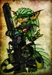 anthro black_clothing clothing ear_piercing ear_ring green_body gun holding_gun holding_object holding_ranged_weapon holding_rifle holding_weapon looking_at_viewer male piercing ranged_weapon rifle ring_piercing sharp_teeth sniper_rifle solo standing teeth toothy_grin weapon gekk0 gekko_(character) c_line_kishin kishin_(gekk0) lizard reptile scalie marker_(artwork) traditional_media_(artwork)