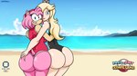 16:9 accessory amy_rose anthro beach big_breasts big_butt black_clothing black_swimwear blonde_hair blue_clothing blue_eyes blue_swimwear breasts butt clothing crown duo eulipotyphlan female female/female fur green_eyes hair hair_accessory hair_over_eye hairband hand_on_butt head_tuft headgear hedgehog hi_res huge_butt human looking_at_viewer looking_back looking_back_at_viewer mammal mario_and_sonic_at_the_olympic_games mario_bros nintendo one-piece_swimsuit one_eye_obstructed pink_body pink_clothing pink_fur pink_swimwear rear_view rosalina_(mario) sea seaside sega silenttandem smile sonic_the_hedgehog_(series) super_mario_galaxy swimwear tan_body tan_fur tan_skin thick_thighs tuft water wide_hips widescreen
