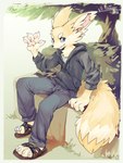 anthro black_bottomwear black_clothing black_hoodie black_pants black_topwear blue_eyes bottomwear claws clothing footwear gesture hoodie kemono outside pants pawpads sandals shoes sitting smile toe_claws topwear waving toomiro rennearc canid canine fennec_fox fox mammal true_fox 2019 3:4 absurd_res hi_res