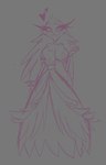 anthro clothing crown dress eyelashes female grey_background hair headgear long_eyelashes long_hair pink_line_art simple_background smile solo standing white_eyes teathekook helluva_boss stella_(helluva_boss) avian bird owl owl_demon colored_line_art hi_res monochrome