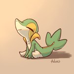 3_fingers ambiguous_gender anthro countershade_torso countershading eyes_closed fingers front_view green_body green_tail on_ground simple_background sitting sitting_on_ground solo tail advos nintendo pokemon generation_5_pokemon pokemon_(species) snivy 1:1 2024 digital_media_(artwork)