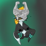 armor big_breasts black_body black_nipples breasts female genitals hair headgear helmet markings nipples orange_hair pussy solo white_body poraka7 nintendo the_legend_of_zelda twilight_princess midna humanoid