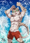 abs anthro bulge clothed clothing countershading green_eyes looking_at_viewer male muscular muscular_anthro muscular_male open_mouth pecs red_clothing solo splash swimming_trunks swimwear topless water young zetaxen nekojishi studio_klondike shu-chi deity felid feline leopard_cat mammal prionailurus 2018 hi_res watermark