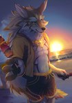 abs anthro beach bottomwear brown_body brown_fur clothing food fur holding_food holding_object looking_at_viewer male navel sand sea seaside shorts solo sunset water white_body white_fur ama_imakuma lifewonders tokyo_afterschool_summoners seth_(tas) canid canine canis jackal mammal 2023 hi_res