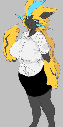 anthro biped black_body blue_body blue_eyes breasts clothed clothing female fur looking_at_viewer multicolored_body open_mouth pupils simple_background solo standing teeth tongue yellow_body yellow_fur meckmeck00124 nintendo pokemon generation_7_pokemon legendary_pokemon pokemon_(species) zeraora hi_res