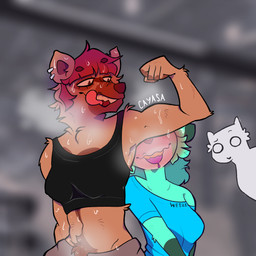 anthro armpit_fetish armpit_play armpit_sniffing armpit_worship blush blush_lines bodily_fluids body_hair body_worship drooling duo female female/female floppy_ears gym happy_trail muscular muscular_female musk musky_armpit pubes public saliva sniffing sweat sweatdrop tongue tongue_out workout_clothing cayasa hyena mammal procyonid raccoon