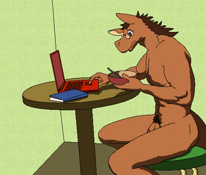 anthro balls book brown_body brown_fur casual_nudity computer electronics eyewear flaccid fur genitals glasses humanoid_hands inside kemono male muscular muscular_anthro muscular_male penis sitting solo hokromaki equid equine horse mammal 2016 archived_source digital_media_(artwork) low_res oekaki