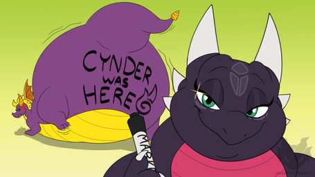 annoyed anthro belly big_belly big_butt big_tail black_body body_writing butt claws cross-popping_vein duo eyelashes female feral green_eyes holding_marker holding_object horn huge_belly huge_butt huge_tail hyper hyper_belly hyper_butt hyper_pear hyper_tail logo looking_at_another looking_at_viewer looking_back looking_back_at_another male marker monobutt morbidly_obese morbidly_obese_feral morbidly_obese_male multicolored_body obese obese_anthro obese_female obese_feral obese_male overweight overweight_anthro overweight_female overweight_feral overweight_male pink_body purple_body purple_eyes purple_tail smile smiling_at_viewer smug tail text two_tone_body white_horn wings writing_on_butt yellow_body yellow_horn yellow_wings jouigidragon activision mythology spyro_the_dragon cynder spyro dragon mythological_creature mythological_scalie scalie 2026 artist_logo artist_name colored digital_media_(artwork) english_text flat_colors hi_res