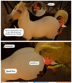 anthro big_butt butt butt_sniffing dialogue duo fart fart_cloud fart_fetish fart_sniffing farting_on_another farting_on_face feral interspecies male male/male size_difference sniffing tail text vulpineadonis disney tangled_(disney) zootopia maximus_(tangled) nick_wilde canid canine equid equine fox horse mammal 3d_(artwork) blender_(artwork) blender_cycles_(artwork) comic digital_media_(artwork) english_text hi_res url