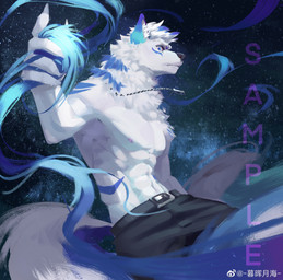 abs abstract_background anthro belt black_belt black_bottomwear black_clothing black_nose black_pants blue_body blue_eyes blue_fur blue_hair blue_stripes bottomwear clothed clothing fur hair inner_ear_fluff male muscular muscular_anthro muscular_male nipples pants pecs pink_nipples short_hair solo striped_arms stripes three-quarter_view topless tuft unsigned white_body white_fur white_hair white_inner_ear_fluff wide_eyed awaldkize canid mammal absurd_res hi_res
