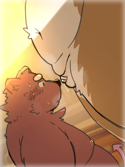 anthro balls belly big_belly black_nose blush bodily_fluids brown_body censor_bar duo flaccid genital_fluids genitals ineffective_censorship kemono larger_but_small looking_at_genitalia looking_at_penis male male/male micropenis nude overweight overweight_male penis precum small_penis menmen_kesinn bear mammal 2025 3:4 censored