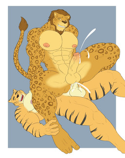 abs anal anal_penetration anthro athletic balls biceps big_balls big_muscles big_penis black_nose bodily_fluids brown_body brown_fur brown_hair brown_nose cum cum_in_ass cum_inside cum_on_balls cum_on_penis cum_string cum_while_penetrated cumshot duo ejaculation erection eyes_closed fangs fur genital_fluids genitals grin hair hands-free humanoid_genitalia humanoid_penis leaking leg_grab looking_at_viewer lying male male/male male_on_bottom male_on_top male_penetrated male_penetrating male_penetrating_male mane markings muscular muscular_male nipples nude on_back on_bottom on_top orgasm pecs penetration penis reverse_cowgirl_position sex sitting smile spots spread_legs spreading straddling stripes tan_body tan_fur teeth thick_penis vein veiny_penis yellow_body yellow_fur lesserconjuror felid leopard mammal pantherine tiger hi_res