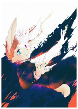 anthro black_clothing black_suit blue_eyes clothing fur looking_at_viewer male pink_eyes slim_anthro slim_male solo suit white_body white_fur oouyuki_benten lagomorph leporid mammal rabbit 2014