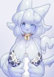 animal_print anthro big_breasts bikini blue_eyes breasts clothing collar cow_print cowbell female horn simple_background solo swimwear two-piece_swimsuit white_body white_goo meltyhip felid feline felis goo_creature mammal absurd_res hi_res