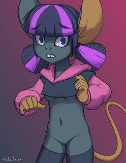 adolescent anthro biped black_clothing black_hair blue_eyes bottomless breasts buckteeth clothed clothing cropped_hoodie female front_view fur genitals grey_body grey_fur hair legwear looking_at_viewer medium_breasts navel nervous pigtails pink_clothing pose purple_hair solo standing stockings striped_hair tail tan_body tan_inner_ear tan_skin tan_tail teeth text under_boob vulva white_sclera young young_anthro young_female gabbslines mammal mouse murid murine rodent artist_name cel_shading digital_drawing_(artwork) digital_media_(artwork) english_text handwritten_text hi_res portrait shaded three-quarter_portrait