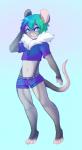 anthro blue_eyes clothed clothing femboy hair hand_in_hair looking_at_viewer male markings multicolored_hair navel pink_nose pink_tail short_hair simple_background solo standing tail touching_hair zipper box-cat ari_(caudamus) mammal mouse murid murine rodent digital_media_(artwork) shaded