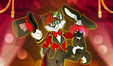 anthro bow_(feature) bow_tie card clothed clothing duo eyewear feral formal glasses hat headgear headwear looking_at_viewer magic male stage tail top_hat topwear vest crownedvictory lagomorph leporid mammal rabbit 2019 hi_res