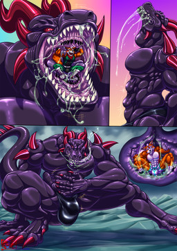 abs anthro anthro_pred bodily_fluids briefs clothed clothing colored_saliva dripping extreme_size_difference fangs feet foam goo_drip green_saliva guts hindpaw horn inside_stomach larger_anthro larger_male larger_pred licking male male/male male_pred male_prey mouth_shot muscular muscular_anthro muscular_male neck_bulge open_mouth organs partially_clothed pawpads paws pecs purple_body purple_flesh purple_insides purple_internal purple_tongue red_eyes saliva saliva_drip saliva_string sharp_teeth sheath_bulge size_difference slime soft_vore speedo spiked_tail spikes spikes_(anatomy) stomach stomach_acid swallowing swimwear tail teeth tongue tongue_out underwear unusual_bodily_fluids unusual_saliva unwilling_prey vore wet willing_pred hungothenomster mythology nintendo star_fox devourer_(razor_koopa) fox_mccloud canid canine dragon fox goo_creature goo_dragon mammal mythological_creature mythological_scalie scalie 2026 comic hi_res