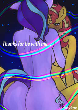 anthro anthrofied blush blush_lines breasts butt cheering duo female female/female hair heart_eyes heart_symbol horn hug multicolored_hair night nude nude_anthro nude_female purple_body rainbow text yellow_body anykoe equestria_girls friendship_is_magic hasbro my_little_pony mythology starlight_glimmer_(mlp) sunset_shimmer_(eg) equid equine mammal mythological_creature mythological_equine unicorn hi_res signature
