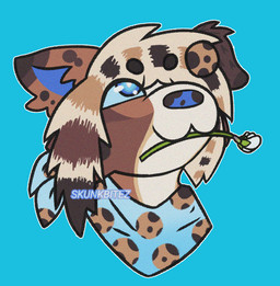 :3 ambiguous_gender blue_eyes cheek_tuft cookie countershading facial_tuft feral flower food glistening glistening_eyes happy kerchief mottled mottled_nose noise_filter plant solo sparklefur tuft username violet_(flower) skunkbitez tiramisu_(skunkbitez) canid canine canis domestic_dog mammal 2026 hi_res watermark