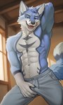 abs anthro blue_eyes bottomwear claws clothing eyebrows fur licking licking_lips looking_at_viewer male navel pants solo tail tongue tongue_out mouldirou canid canine mammal absurd_res digital_drawing_(artwork) digital_media_(artwork) hi_res
