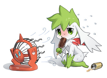 3_fingers ambiguous_anthro ambiguous_gender anthro beverage beverage_can black_nose blue_eyes blush bodily_fluids duo electric_fan fingers floppy_ears flying_sweatdrops food fur green_body green_eyes green_fur heat_(temperature) holding_food holding_object holding_popsicle kneeling leaning leaning_forward multicolored_body multicolored_fur pokemorph popsicle popsicle_in_mouth pupils simple_background sitting soda spilled_drink sweat sweatdrop sweaty_arms sweaty_face sweaty_legs two_tone_body two_tone_fur white_background white_body white_ears white_fur tosx nintendo pokemon animate_inanimate generation_4_pokemon legendary_pokemon mammal pokemon_(species) rotom shaymin sky_forme_shaymin 2025