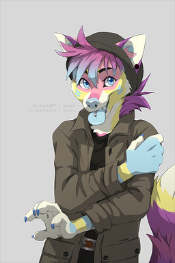 anthro bangs belt black_bottomwear black_clothing black_eyebrows black_pants black_shirt black_topwear blue_claws blue_eyes blue_hair blue_markings blue_nose blue_tongue bottomwear claws clothed clothing ear_piercing eyebrows fangs fur grey_background hair hand_on_own_arm jacket male markings multicolored_body multicolored_fur open_clothing open_jacket open_mouth open_topwear pants piercing pink_hair pink_markings shirt short_hair simple_background snout solo tail teeth tongue tongue_out tongue_piercing topwear yellow_body yellow_fur azzai canid canine canis mammal wolf 2019 2:3 cel_shading colored digital_drawing_(artwork) digital_media_(artwork) shaded