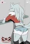 anthro breasts butt camera clothed clothing exposure_variation female fluffy fluffy_tail fur partially_clothed rear_view scar simple_background solo tail yellow_eyes knightmoonlight98 velvela canid canine canis mammal wolf hi_res