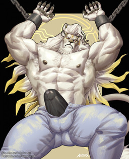 abs anthro barazoku bodily_fluids bound bulge chain chained clothing genital_fluids leaking_precum male muscular muscular_anthro muscular_male nipples pecs precum solo amon-sydonai dislyte lilith_games javid_(dislyte) felid lion mammal pantherine hi_res