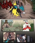 against_natural_surface against_rock against_surface anthro blood bodily_fluids duo falling flashback male onomatopoeia smoke sound_effects text unconscious wounded 60percentscalie dovak vauruk bat demon mammal comic hi_res