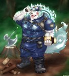 anthro axe blue_body blue_fur boots box cjk_character clothing combat_boots container footwear fur gift_box happy male police police_hat police_officer police_uniform shoes solo uniform ramune1312 lifewonders tokyo_afterschool_summoners oguchi_magami_(tas) canid canine canis mammal wolf absurd_res hi_res