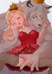 2022 absurd_res anthro apple_white_(ever_after_high) blonde_hair blue_eyes blush bottomwear breasts clothed clothing crown daring_charming dekasuji duo ever_after_high eyes_closed female female_on_anthro fingering fingering_partner hair headgear hi_res human human_on_anthro interspecies legwear long_hair male male/female mammal mattel sex skirt vaginal vaginal_fingering