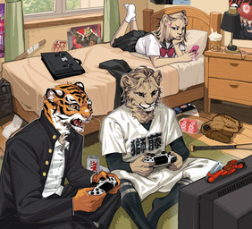 anthro bed bedroom black_bottomwear black_clothing black_ears black_footwear black_pants black_skirt black_socks black_topwear bottomwear clothed clothing controller electronics fangs female footwear fully_clothed fur furniture game_controller gaming group hair holding_controller holding_game_controller holding_object inside male on_bed orange_body orange_fur pants playing_video_game red_tongue skirt socks tan_body tan_ears tan_fur tan_hair teeth television tongue topwear trio whiskers white_body white_clothing white_footwear white_fur white_socks white_topwear lljh felid lion mammal pantherine tiger hi_res brother_(lore) brother_and_sister_(lore) sibling_(lore) sister_(lore)