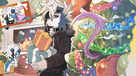 ambiguous_gender anthro blue_body blue_eyes blue_fur christmas_tree clothing collar duo fur gift holidays pink_body pink_fur plant tail tree white_body white_fur unknown_artist christmas nintendo pokemon kian_(kianyemao) yemao_(kianyemao) generation_5_pokemon generation_7_pokemon liepard lycanroc pokemon_(species) absurd_res hi_res