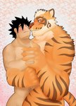 anthro black_hair blush duo eyes_closed facial_markings fur hair hand_holding head_markings hug human_on_anthro interspecies intimate larger_anthro larger_male male male/male markings multicolored_body multicolored_fur muscular muscular_anthro muscular_male nude orange_body orange_fur romantic romantic_couple size_difference smaller_human smaller_male smile striped_body striped_fur stripes white_body white_fur white_hair edogast nekojishi studio_klondike lin_hu tian-liao_lin deity felid human mammal pantherine tiger 2019 hi_res