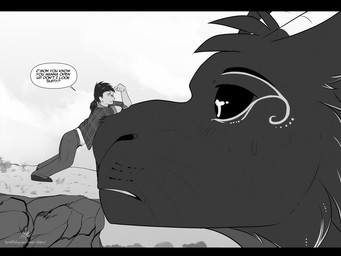 asking_another black_bars bodily_fluids bottomwear cliff clothed clothed_human clothed_male clothing confusion duo extreme_size_difference eye_contact eyewear female feral footwear fur glasses grass hair head_tuft horn leaning_on_another looking_at_another macro_female macro_feral male markings micro_human micro_male narrowed_eyes outside pants pattern_clothing pattern_shirt pattern_topwear plaid plaid_clothing plaid_shirt plaid_topwear plant shirt shoes size_difference speech_bubble sweat talking_to_another teeth text topwear tuft vore_invitation wearing_glasses whiskers willing_prey charu mythology nightstar_(charu) canid canine dire_wolf dragon furred_dragon furred_scalie human hybrid mammal mythological_creature mythological_scalie prehistoric_species scalie artist_name english_text monochrome url