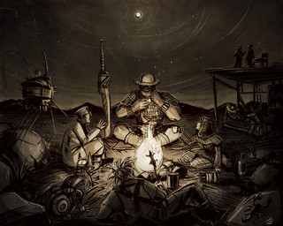 ambiguous_gender antenna_wire bottomwear brain_dome camp campfire camping clothed clothing coat container cup cybernetics desert female feral floating followers_of_the_apocalypse_(fallout) fully_clothed group hat headgear headwear holding_container holding_cup holding_mug holding_object hood lab_coat machine male markings melee_weapon metallic_body moon mug new_vegas night not_furry outside pants shirt sitting sleeping sombrero star sword topwear weapon wearing_hat leona-florianova fallout microsoft arcade_gannon craig_boone ed-e_(fallout) lily_bowen raul_tejada rex_(fallout) rose_of_sharon_cassidy the_courier_(fallout) veronica_santangelo arachnid arthropod cyberdog_(fallout) eyebot_(fallout) ghoul_(fallout) human humanoid mammal robot scorpion super_mutant_(fallout) 5:4 english_description monochrome sepia signature