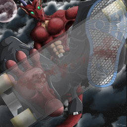 5_toes abs anthro barefoot belt black_bottomwear black_clothing black_pants blood bodily_fluids bottomwear building city claws clothed clothing cloud duo extreme_size_difference feet foot_fetish foot_focus footwear green_eyes horn humanoid_feet larger_anthro larger_male low-angle_view macro male male/male male_anthro micro moon muscular muscular_anthro muscular_male night pants paws pecs plantigrade red_body red_scales sandals scales shoes size_difference sky smaller_male sneakers soles stomping tail toe_claws toes topless topless_male worm's-eye_view ahastar_(artist) european_mythology mythology cirez canid canine canis dragon mammal mythological_creature mythological_scalie reptile scalie western_dragon wolf 1:1 digital_media_(artwork) hi_res